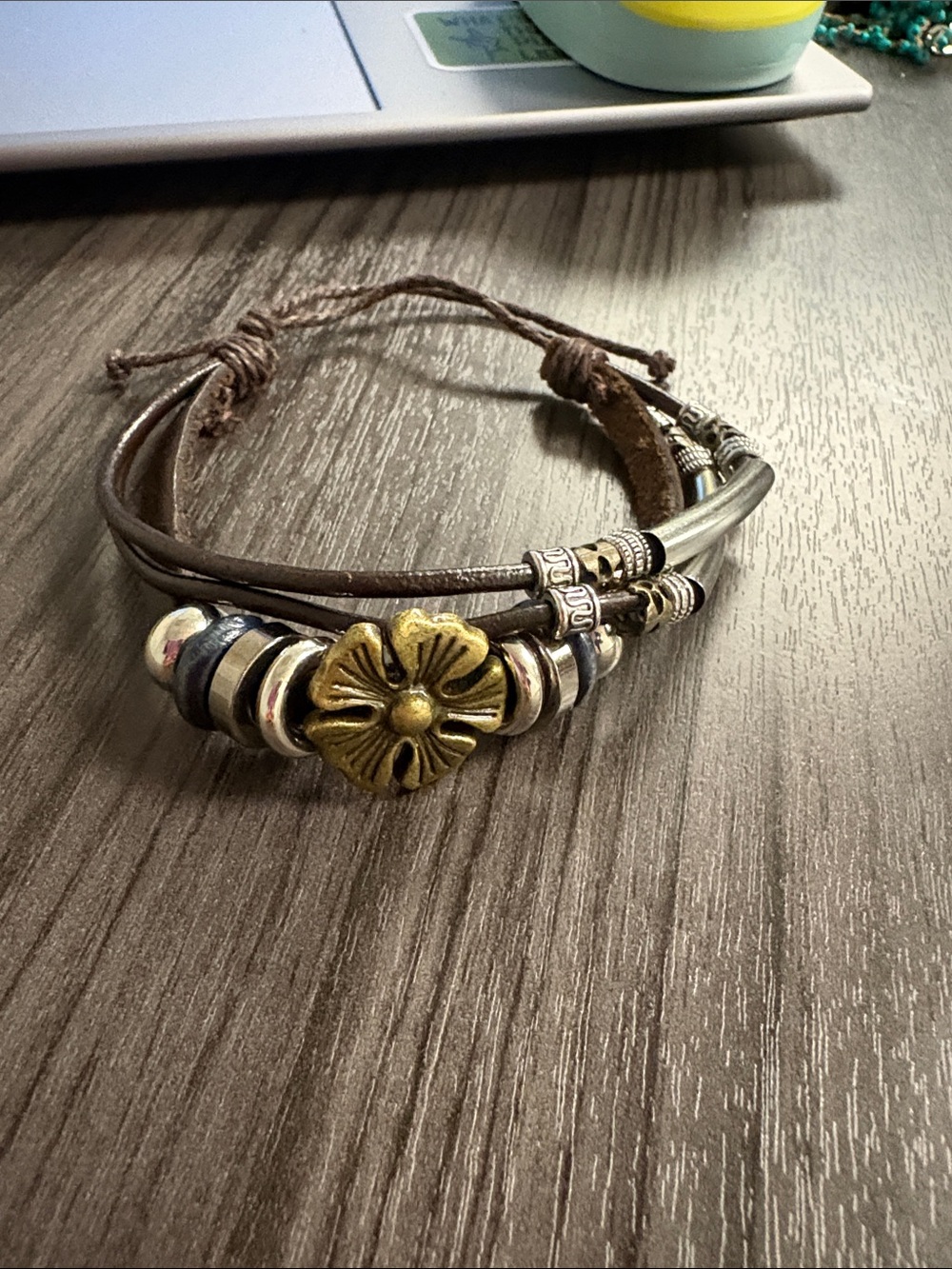 Boho Leather Bracelet with Brass Flower Accent